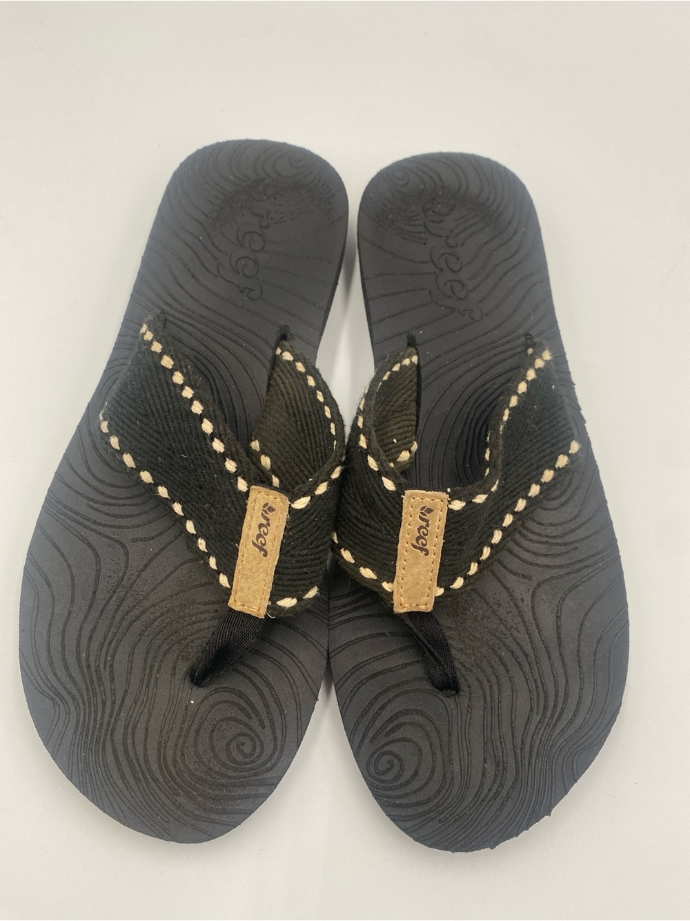 Reef Zen Wonder Black Woven Contrast Stitch Flip Flops Women's Sz 9 (10.25")